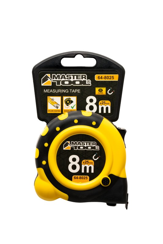 Рулетка MASTERTOOL 8 м×25 мм з магнітами 2 фіксатори кнопка STOP покриття TPR нейлонове покриття 64-8025 view 8