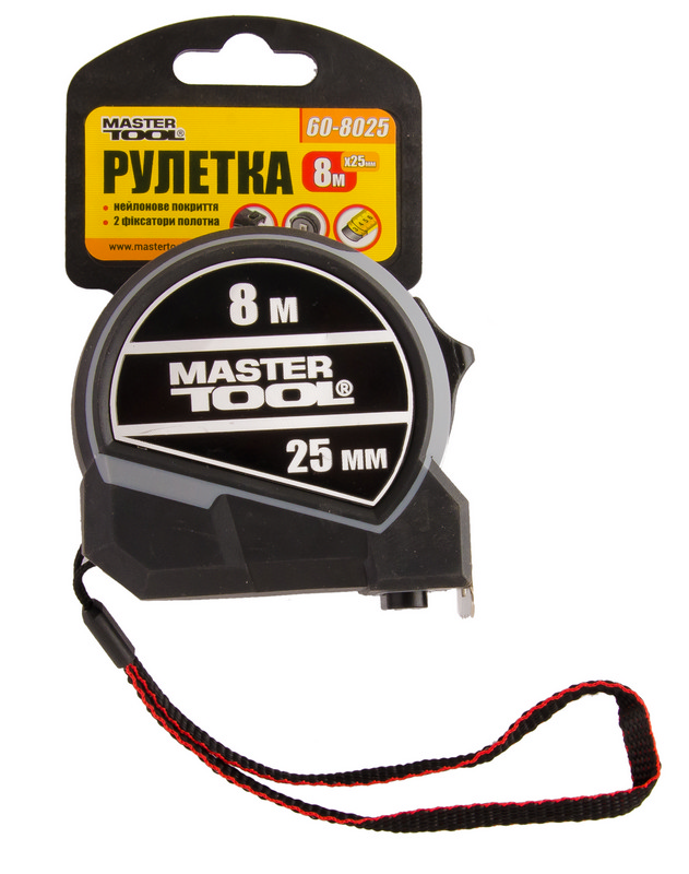 Рулетка MASTERTOOL 8 м×25 мм фіксатор полотна кнопка STOP нейлонове покриття металева накладка 60-8025 view 2