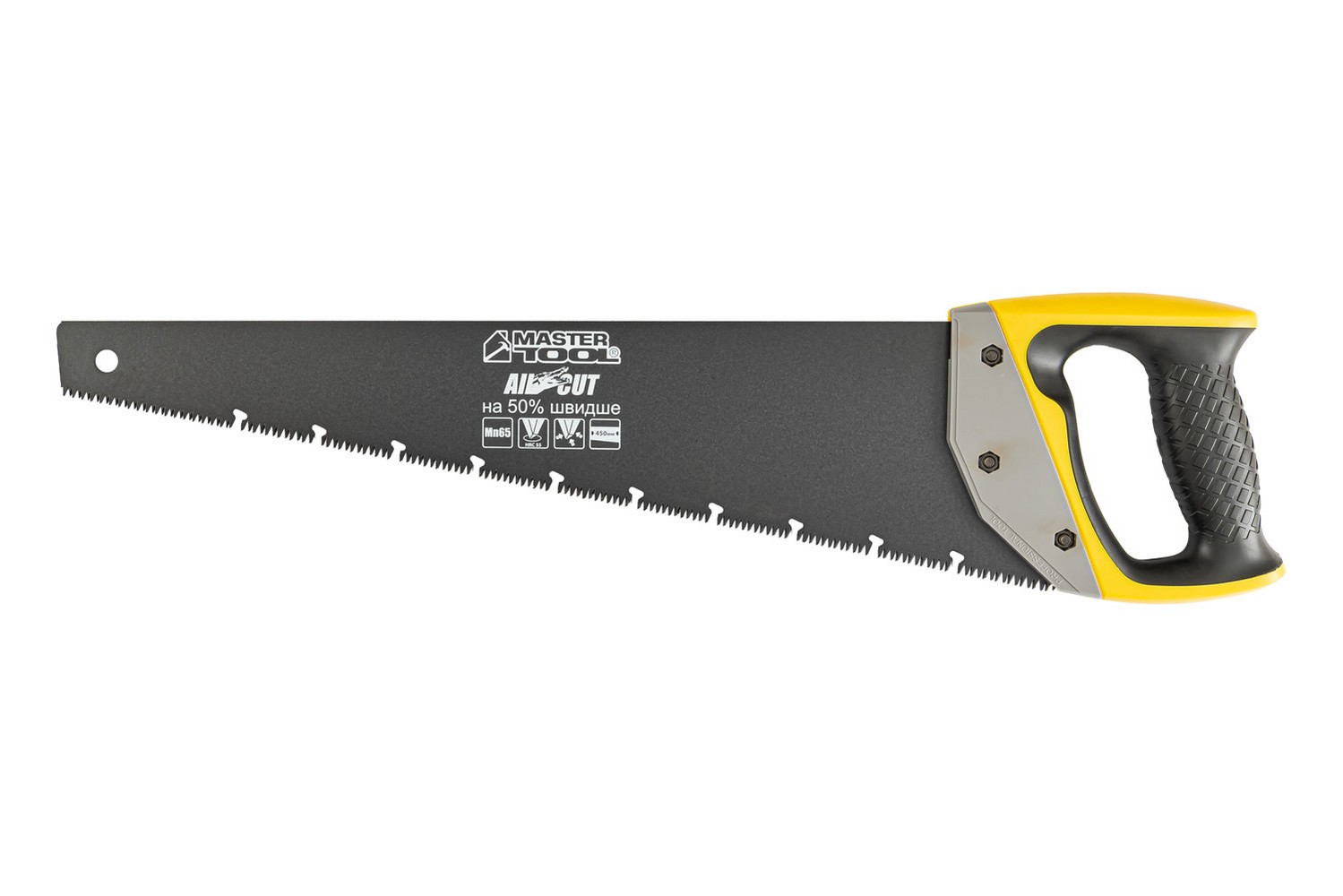 Ножівка столярна MASTERTOOL BLACK ALLIGATOR 450 мм 9TPI MAX CUT загартований зуб 3-D заточування тефлонове покриття 14-2445 view 1