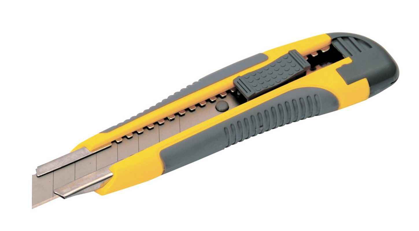 Ніж будівельний MASTERTOOL з відламним лезом 18 мм ABS пластик з TPR покриттям металева напрямна кнопковий фіксатор 3 леза 17-0119 view 1