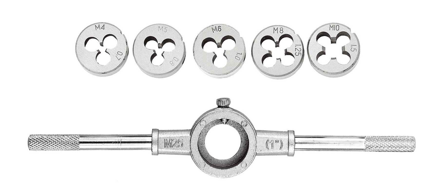 Плашки для нарізання різьби MASTERTOOL M4/M5/M6/M8/M10 з тримачем набір 6 шт 15-0406 view 1