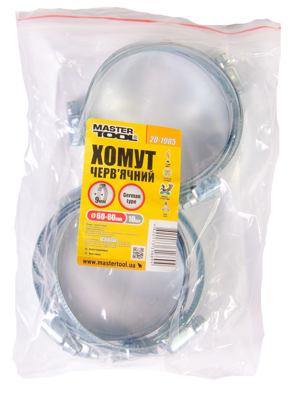 Хомут черв'ячний MASTERTOOL German type W1 DIN 3017 9.0 мм Ø 60-80 мм 10 шт 20-1985 view 2