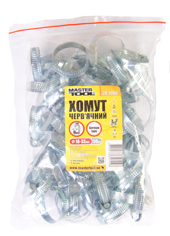 Хомут черв'ячний MASTERTOOL German type W1 DIN 3017 9.0 мм Ø 18-32 мм 50 шт 20-1980 view 2