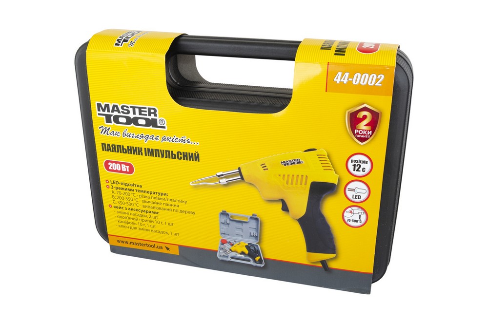Паяльник імпульсний MASTERTOOL з трансформатором 3 режими 200 Вт/220-240 V/50 Hz 0-500°С LED пластиковий кейс/аксесуари 44-0002 view 6
