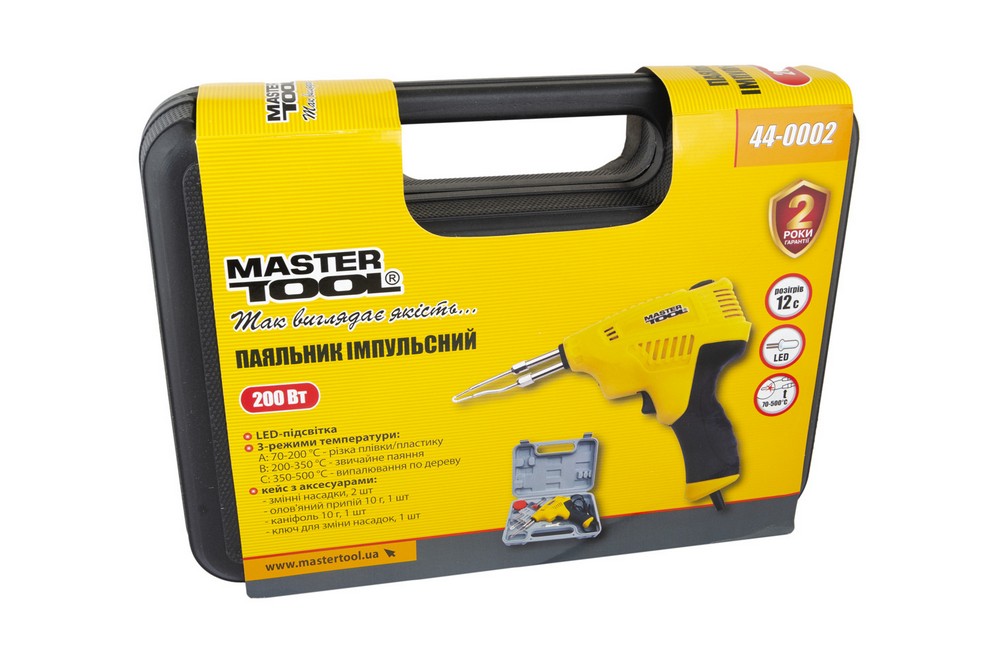 Паяльник імпульсний MASTERTOOL з трансформатором 3 режими 200 Вт/220-240 V/50 Hz 0-500°С LED пластиковий кейс/аксесуари 44-0002 view 7