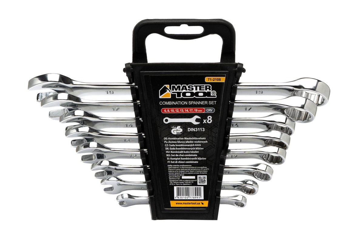 Ключі комбіновані MASTERTOOL набір 8 шт (6, 8, 10, 12, 13, 14, 17, 19 мм) CrV SATIN FINISH DIN3113 71-2108 view 1