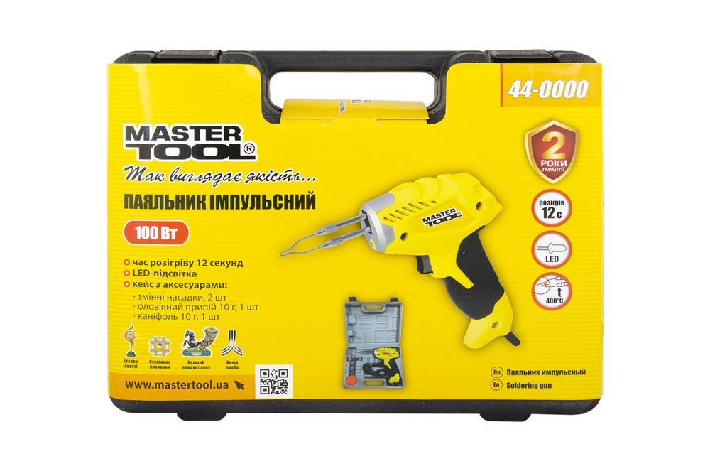 Паяльник імпульсний MASTERTOOL з трансформатором 100 Вт/220-240 V/50 Hz 0-400°С LED пластиковий кейс/аксессуари 44-0000 view 4