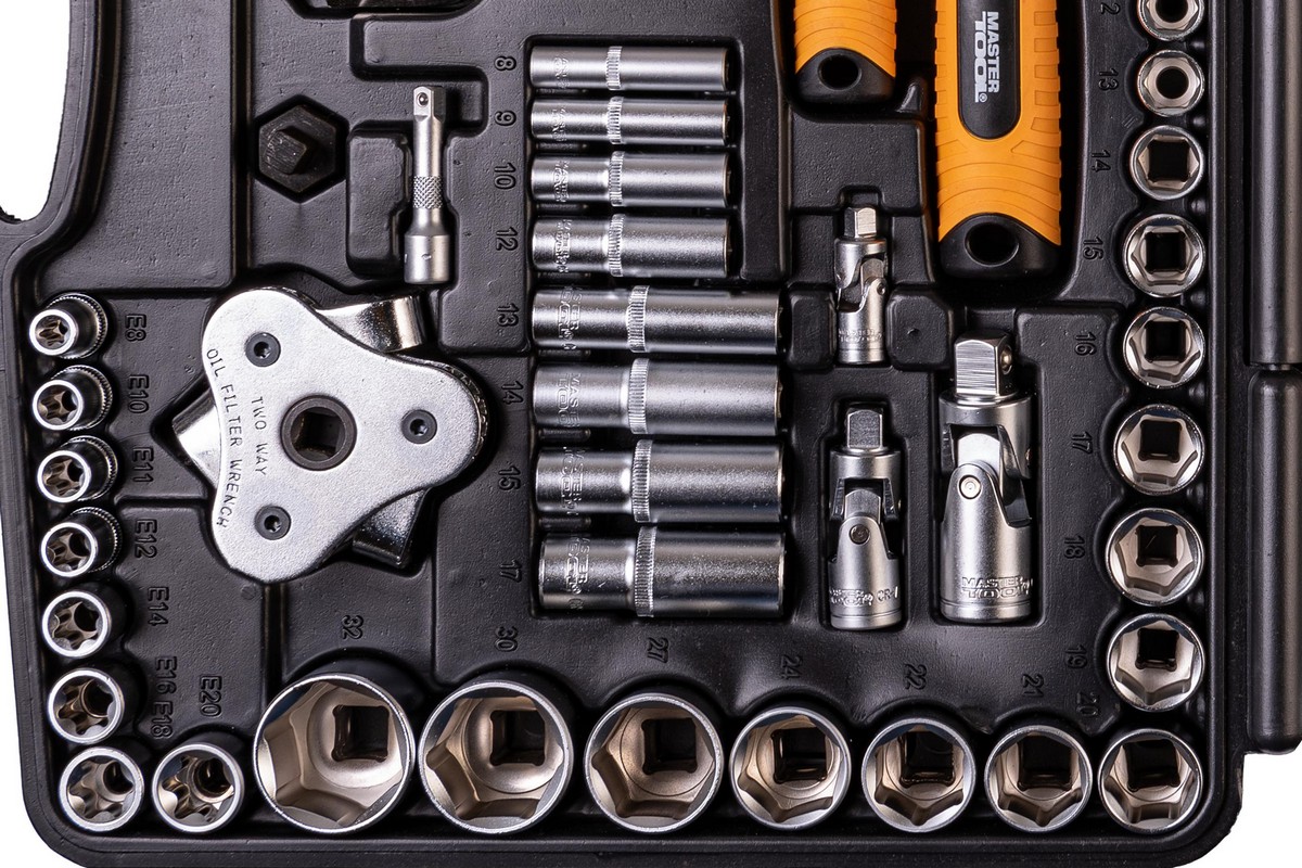 Набір інструментів MASTERTOOL PROFI ¼"&⅜"&½"&TORX 121 шт 4-13 мм 9-19 мм 20-32 мм Е8-Е20 CrV50BV30 протиударний кейс 78-5121 view 4