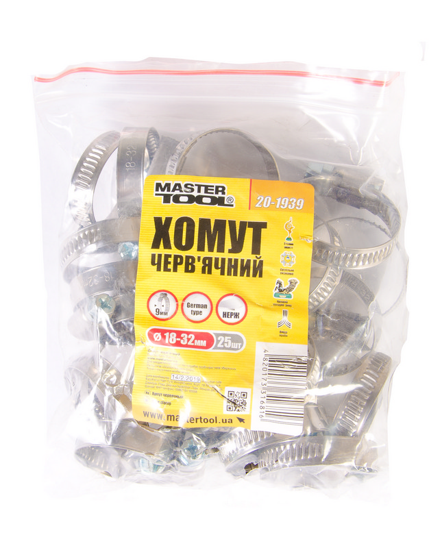 Хомут черв'ячний MASTERTOOL German type W2 DIN 3017 9.0 мм Ø 18-32 мм 25 шт 20-1939 view 2