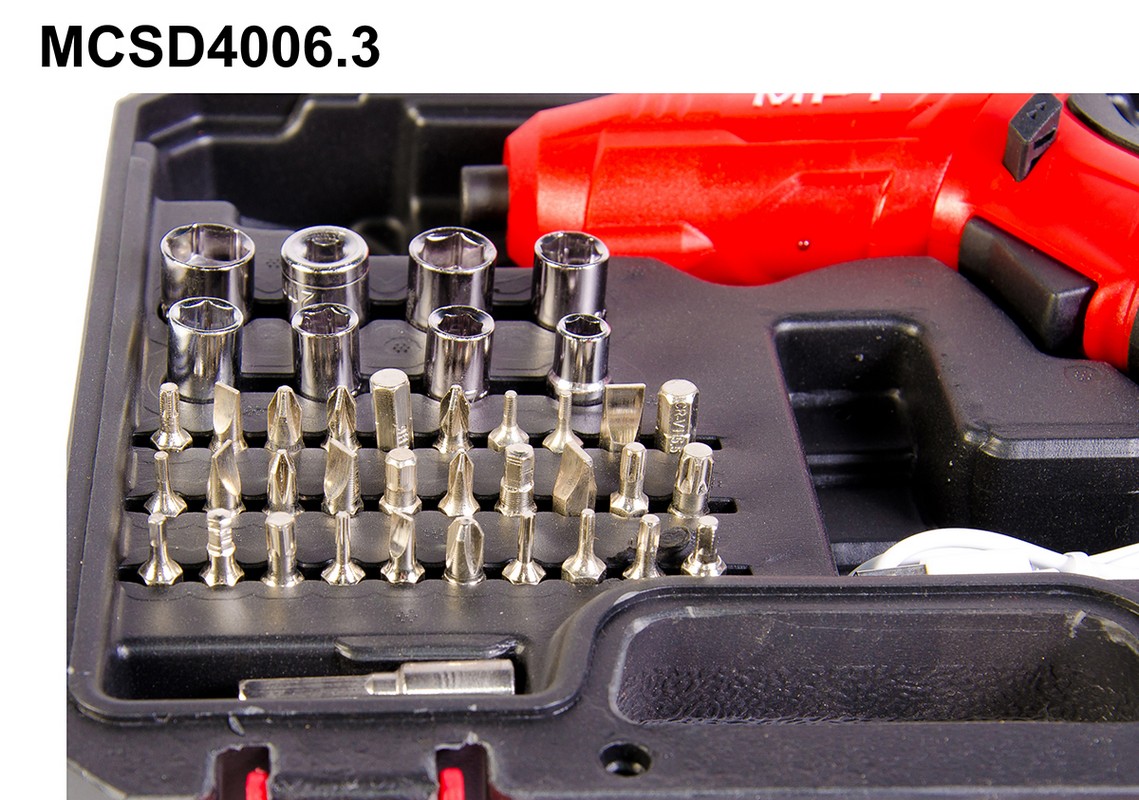 Викрутка MPT акумуляторна поворотна 4V Li-ion 1.5 А·год 250 об/хв 3.5 Н·м реверс USB кейс аксесуари 47 шт MCSD4006.3 view 6