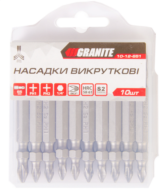 Насадка викруткова GRANITE двостороння PH1/PH2 65 мм ¼" S2 набір 10 шт 10-12-651 view 2