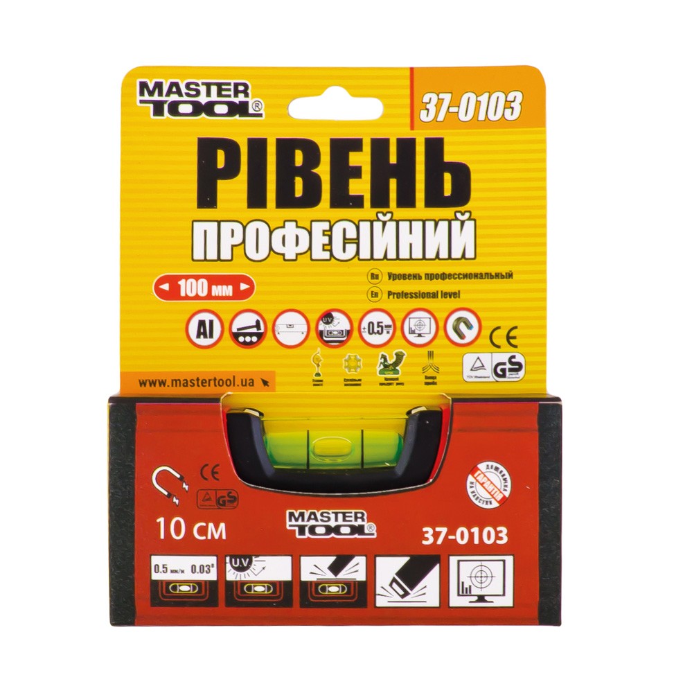 Рівень будівельний магнітний MASTERTOOL ПРОФІ 10 см, фрезерована поверхня, жолоб для труб, точність 0,5 мм/м (0,03°) 37-0103 view 2