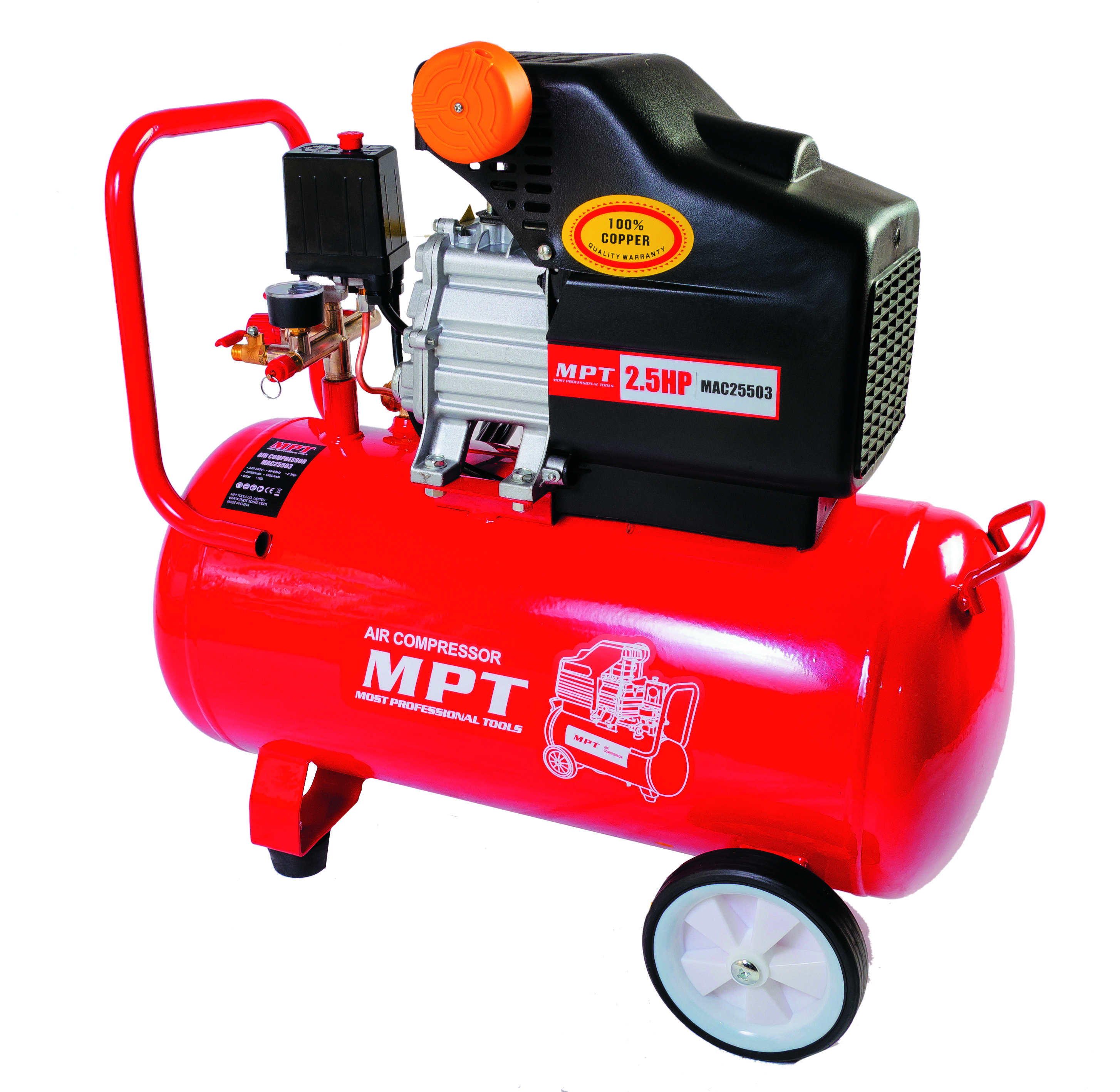 Компресор MPT PROFI 50 л 2000 Вт/2.5 к.с. 2850 об/хв 140 л/хв 8 атм 2 виходи мідна обмотка MAC25503 view 1