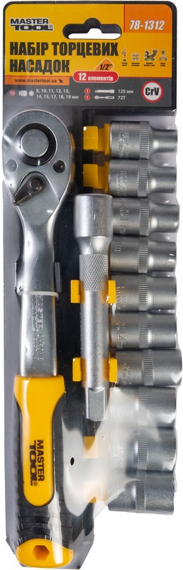 Набір головок торцевих 6-гранних MASTERTOOL ½" 8-19 мм з тріскачкою 72 зубці подовжувач CrV 12 шт 78-1312 view 2