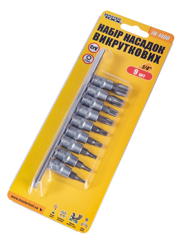 Набір головок торцевих з викрутковими насадками TORX MASTERTOOL ¼" T10-T60 CrV 9 шт 78-1400 view 2