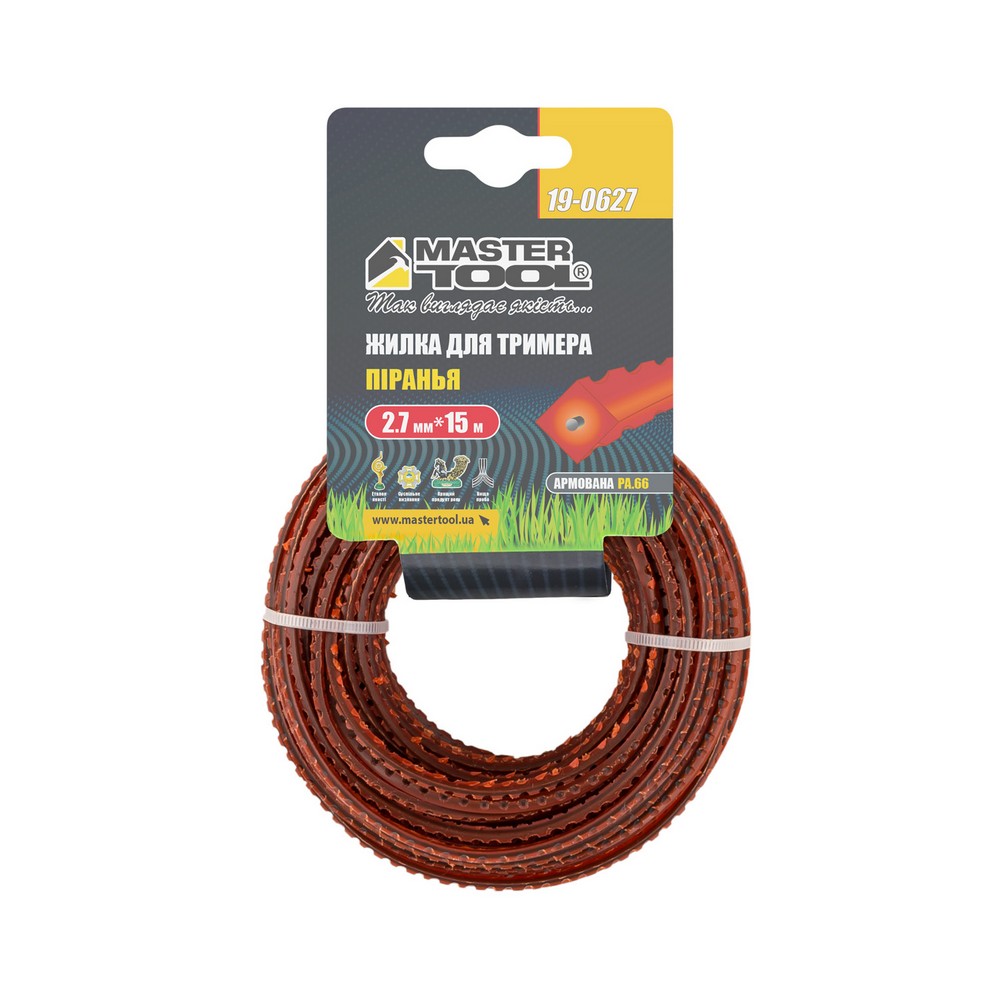 Жилка для тріммера MASTERTOOL PIRANHA REINFORCED армована 2.7 мм × 15 м зубчастий квадрат 19-0627 view 2