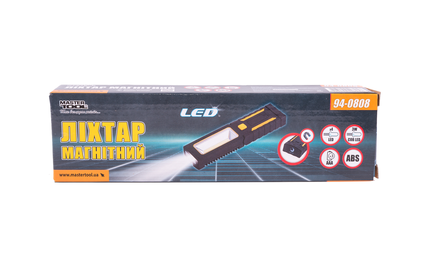 Ліхтар магнітний з підвісом MASTERTOOL 220х54х28 мм 4xLED+COB LED 3xAAA ABS 94-0808 view 7
