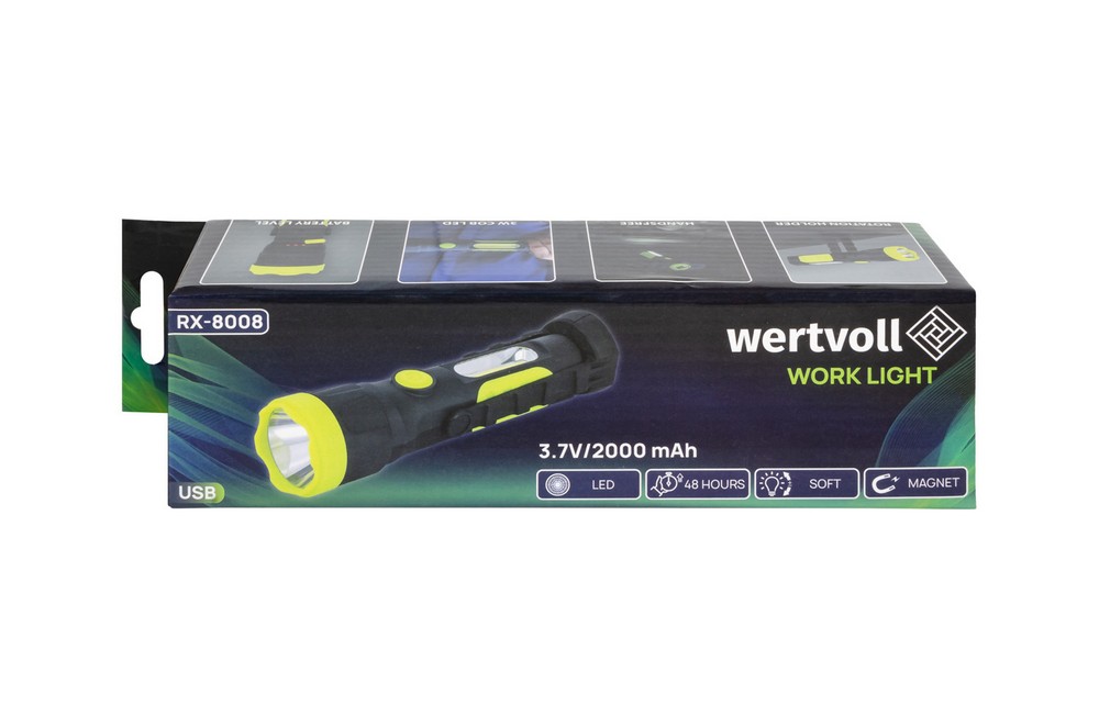 Ліхтар магнітний WERTVOLL LED/COB LED регулятор світла IP44 Li-ion 2000 mAh/t 7000 K/280 lum ABS 212х54 мм RX-8008 view 8