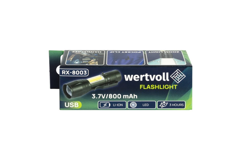 Ліхтар з регулюванням фокусу WERTVOLL 3 режими LED/COB LED Li-ion 800 mAh/t 8000 K/100 lum AL 91х26 мм RX-8003 view 8