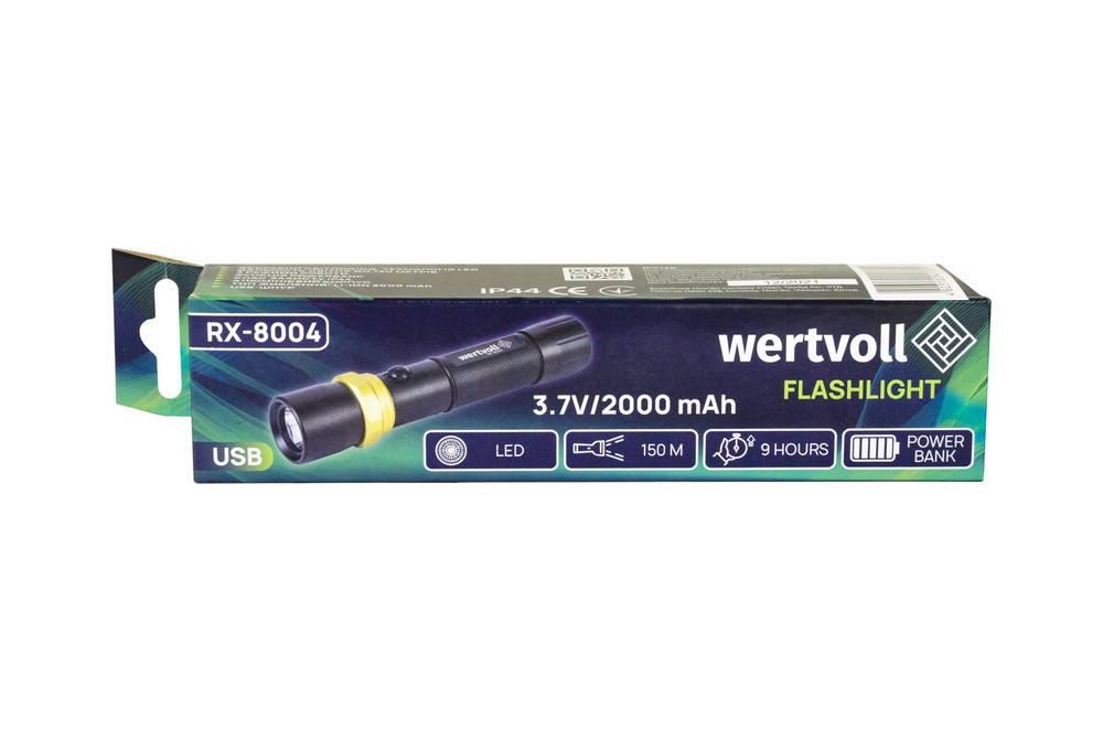 Ліхтар WERTVOLL 3 режими LED IP44 Li-ion 2000 mAh/t 7000 K/240 lum powerbank AL 168х36 мм RX-8004 view 7