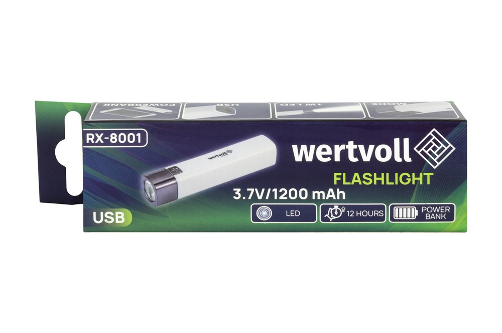 Ліхтар WERTVOLL 3 режими LED Li-ion 1200 mAh/t 7000 K/80 lum powerbank ABS 122х25 мм WHITE RX-8001 view 9