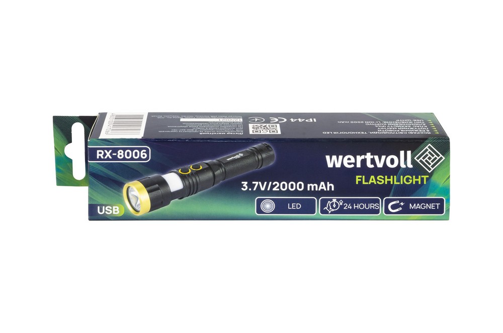 Ліхтар магнітний WERTVOLL 8 режимів LED+WHITE/RED/BLUE IP44 Li-ion 2000 mAh/t 7000 K/300 lum AL 157х32 мм RX-8006 view 7