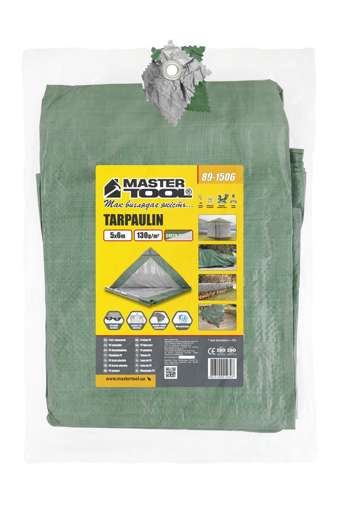 Тент універсальний MASTERTOOL TARPAULIN 5 × 6 м двосторонній 130 г/м² Green/Silver 89-1506 view 4
