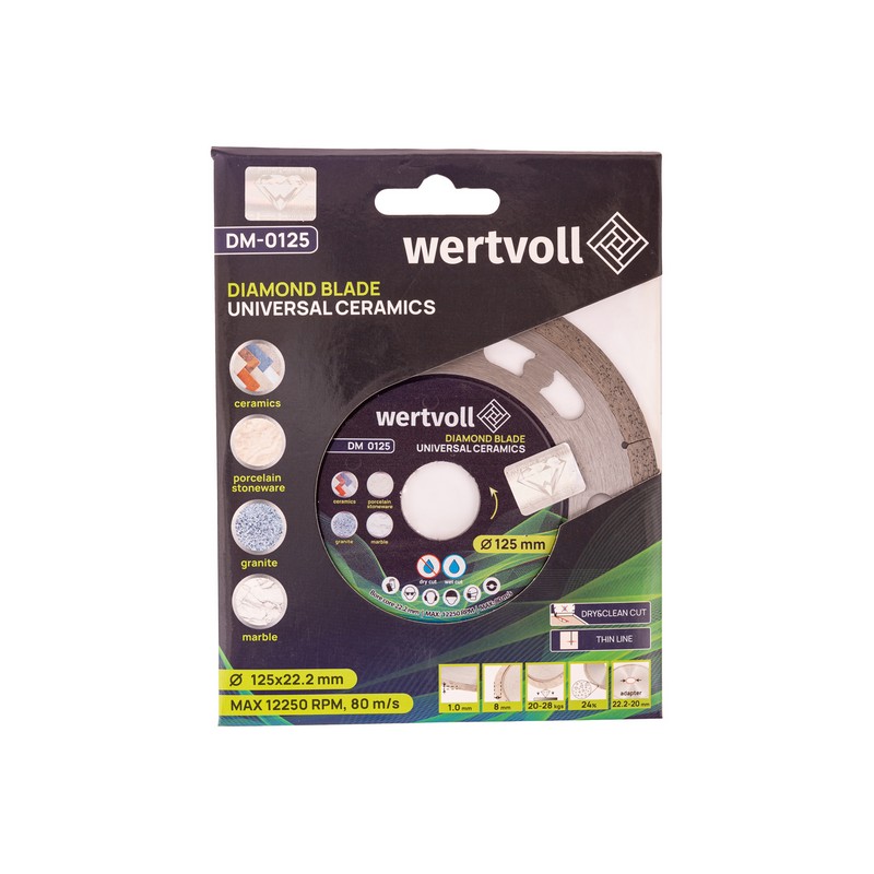 Диск алмазний для кераміки WERTVOLL UNIVERSAL CERAMICS 125×1 мм 24% висота алмазного шару 8 мм адаптер 22.2-20 мм 12250 об/хв DM-0125 view 2