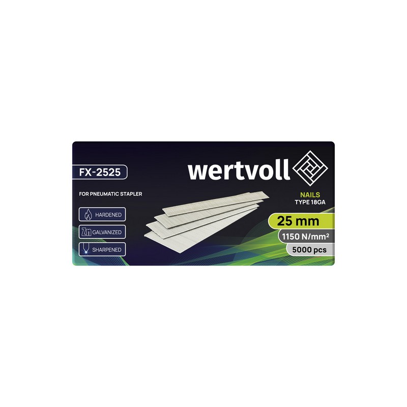 Цвях загартований для пневмостеплера WERTVOLL тип 18GA 25 мм/1.0х1.25 мм 5000 шт FX-2525 view 2