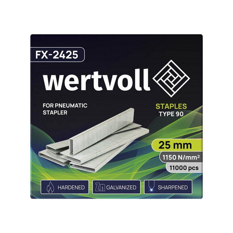 Скоби загартовані для пневмостеплера WERTVOLL тип 90 25 мм/5.8х1.25 мм 11000 шт FX-2425 view 2