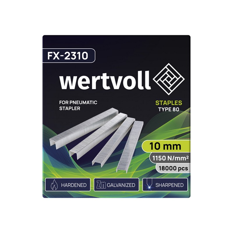 Скоби загартовані для пневмостеплера WERTVOLL тип 80 10 мм/12.8х0.95 мм 18000 шт FX-2310 view 2