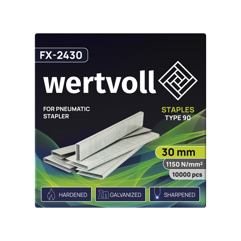 Скоби загартовані для пневмостеплера WERTVOLL тип 90 30 мм/5.8х1.25 мм 10000 шт FX-2430 view 2