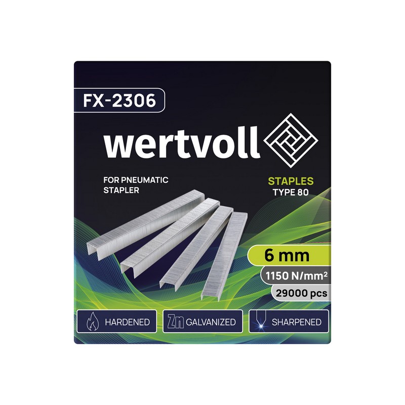 Скоби загартовані для пневмостеплера WERTVOLL тип 80 6 мм/12.8х0.95 мм 29000 шт FX-2306 view 2