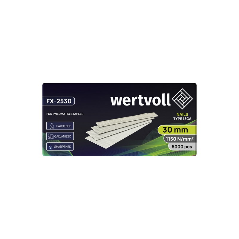 Цвях загартований для пневмостеплера WERTVOLL тип 18GA 30 мм/1.0х1.25 мм 5000 шт FX-2530 view 2