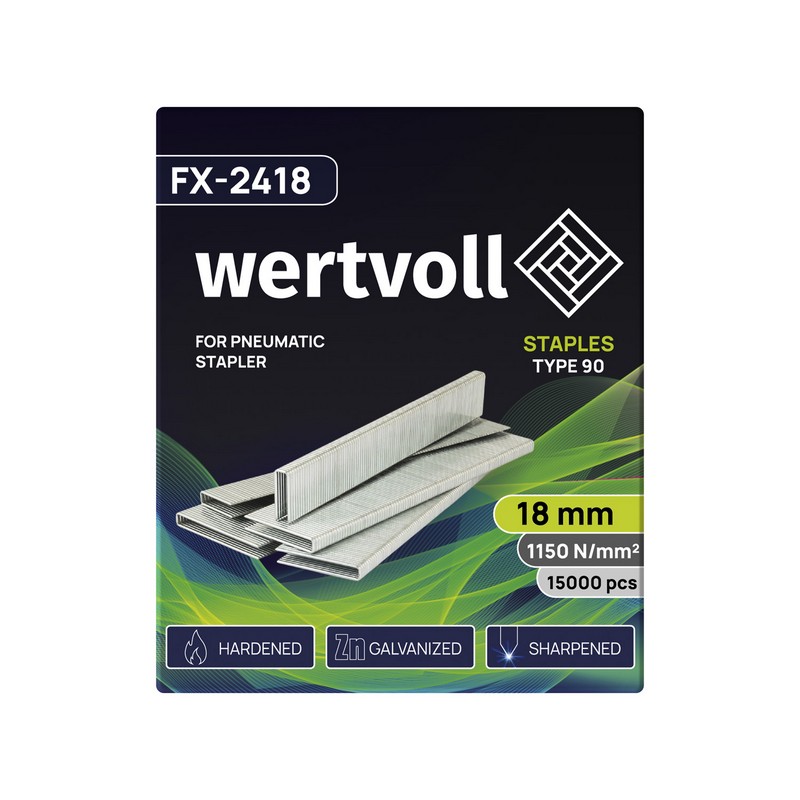 Скоби загартовані для пневмостеплера WERTVOLL тип 90 18 мм/5.8х1.25 мм 15000 шт FX-2418 view 2