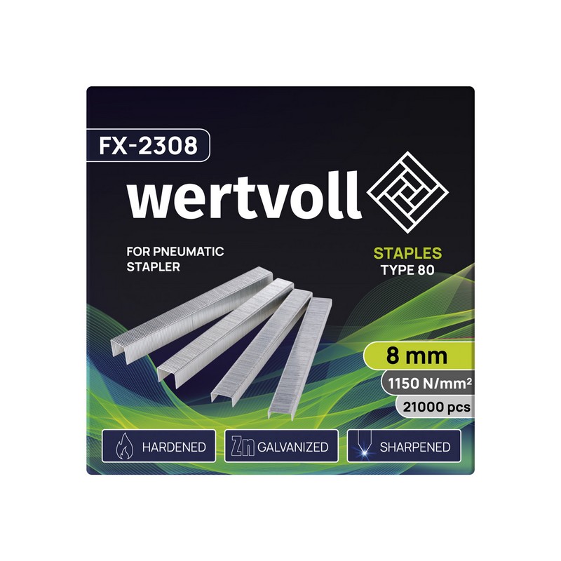 Скоби загартовані для пневмостеплера WERTVOLL тип 80 8 мм/12.8х0.95 мм 21000 шт FX-2308 view 2
