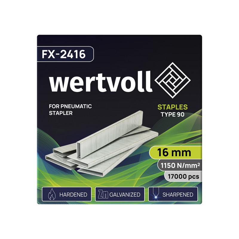 Скоби загартовані для пневмостеплера WERTVOLL тип 90 16 мм/5.8х1.25 мм 17000 шт FX-2416 view 2