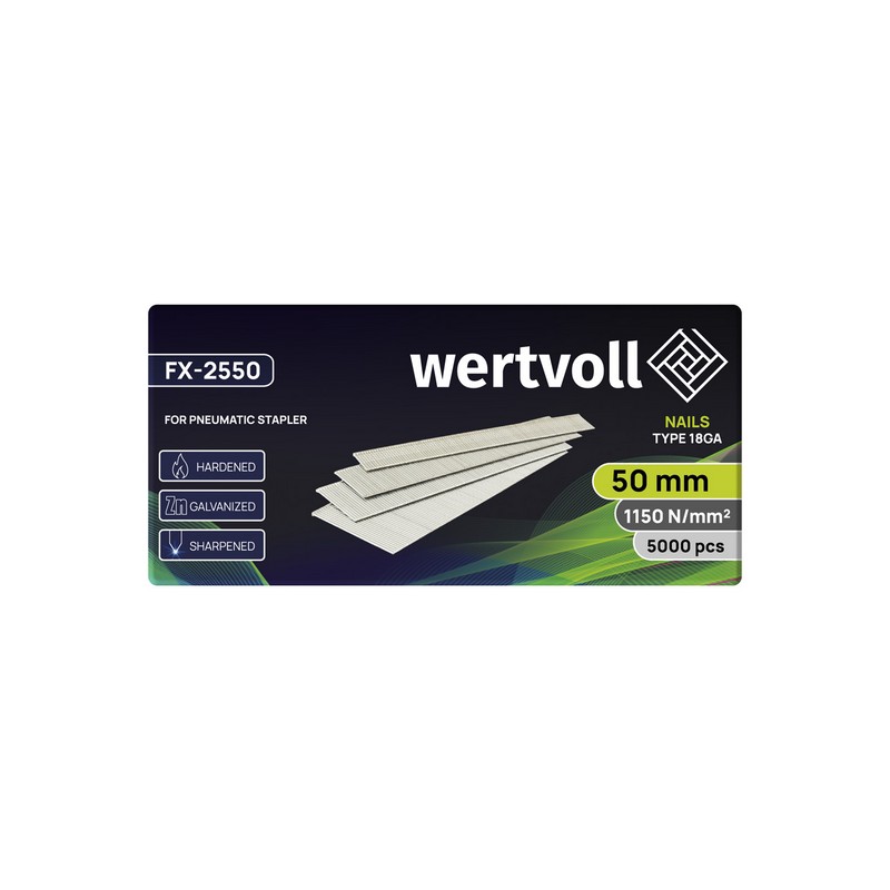 Цвях загартований для пневмостеплера WERTVOLL тип 18GA 50 мм/1.0х1.25 мм 5000 шт FX-2550 view 2