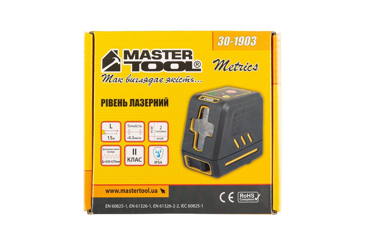 Рівень лазерний MASTERTOOL 15 м ±0.3 мм/м 2 гол H/V/H+V H130°/V130° ±4° RED/635 нм клас II IP54 ААх4 сумка 30-1903 view 13