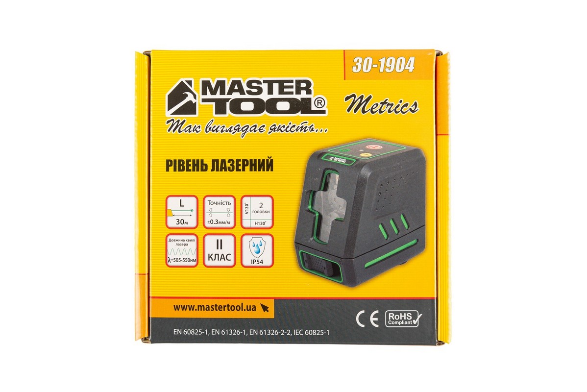Рівень лазерний MASTERTOOL 30 м ±0.3 мм/м 2 гол H/V/H+V H130°/V130° ±4° GREEN/510 нм клас II IP54 ААх4 сумка 30-1904 view 13
