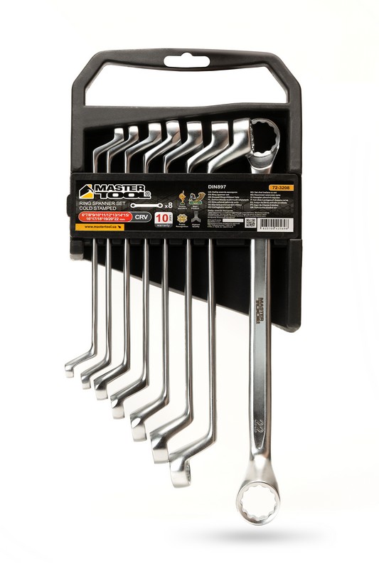 Ключі накидні MASTERTOOL набір 8 шт (6-20, 22 мм) 31CrV3 COLD FORGED DIN897 72-3208 view 1