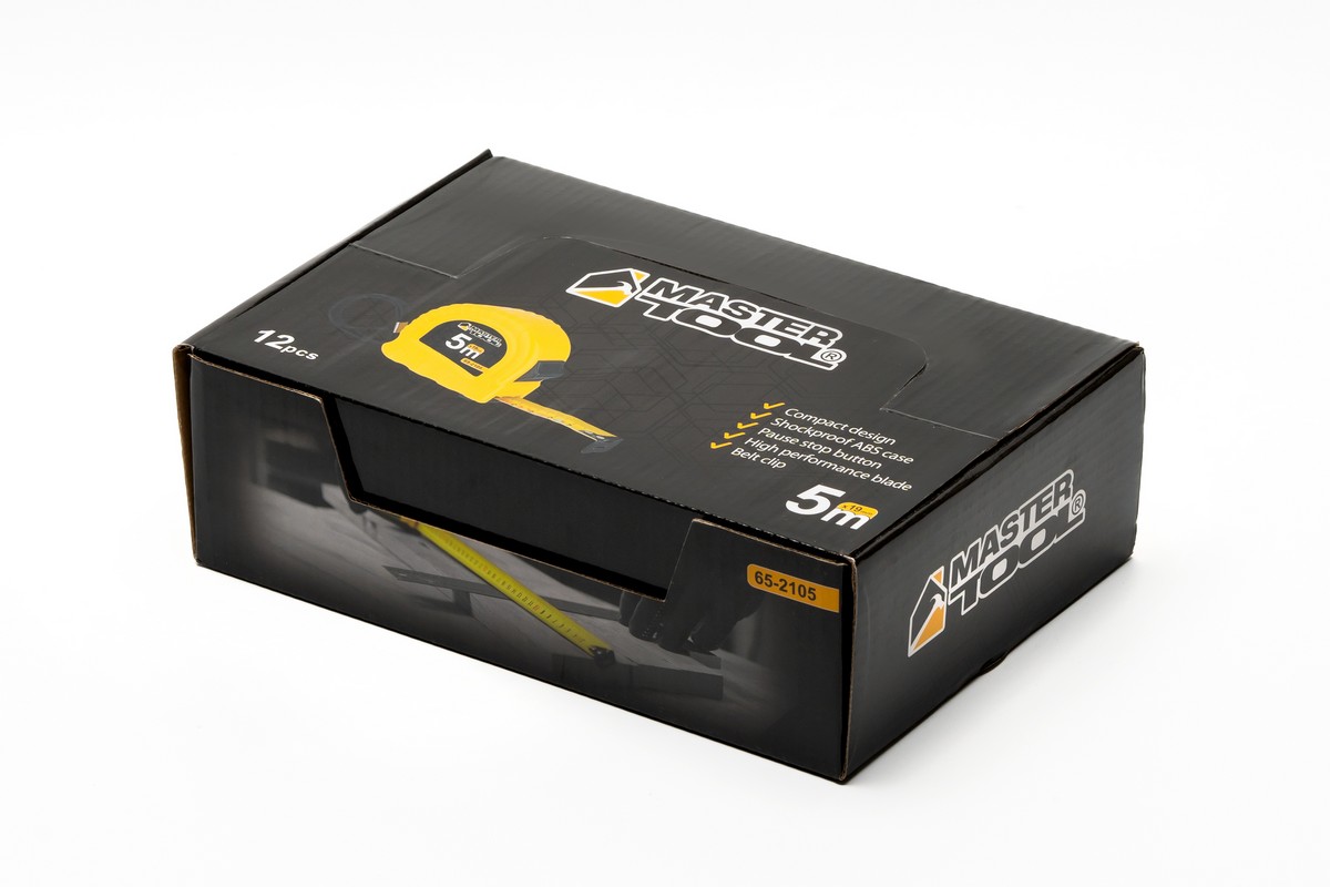 Рулетка MASTERTOOL 5 м×19 мм фіксатор полотна кнопка STOP протиковзний гачок 12 шт SHOWBOX 65-2105PC view 7