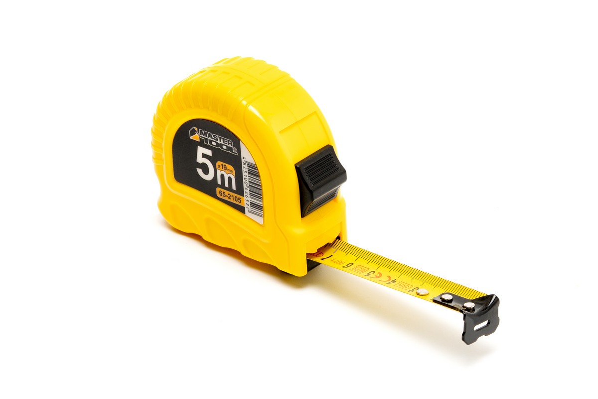 Рулетка MASTERTOOL 5 м×19 мм фіксатор полотна кнопка STOP протиковзний гачок 12 шт SHOWBOX 65-2105PC view 1