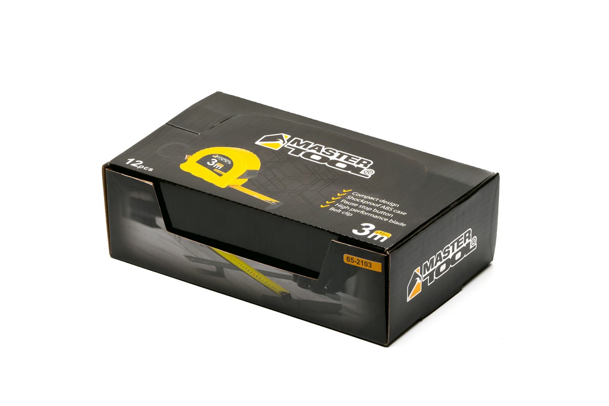 Рулетка MASTERTOOL 3 м×13 мм фіксатор полотна кнопка STOP протиковзний гачок 12 шт SHOWBOX 65-2103PC view 7