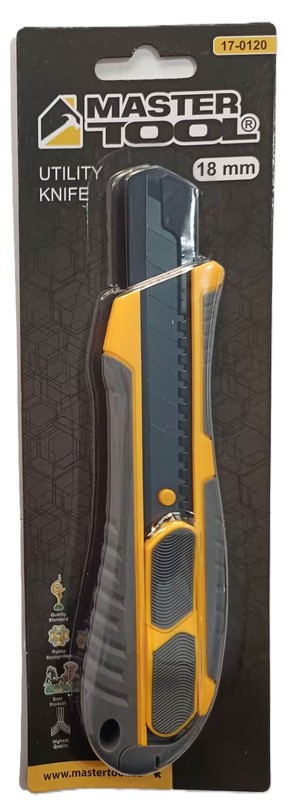 Ніж будівельний MASTERTOOL з відламним лезом 18 мм ABS пластик з TPR покриттям металева напрямна кнопковий фіксатор/безпечне лезо 17-0120 view 2