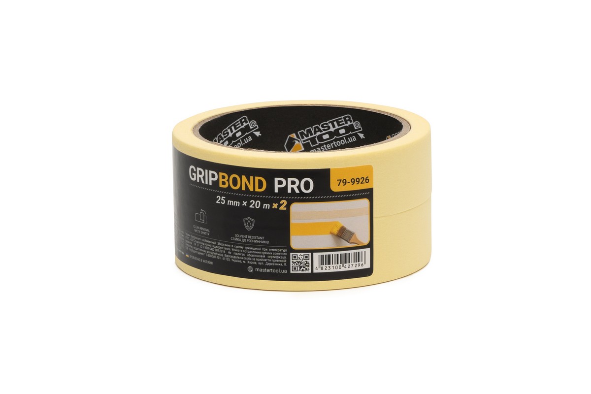 Стрічка малярна універсальна MASTERTOOL GripBond Pro 25 мм×20 м 2 шт жовта 79-9926 view 1