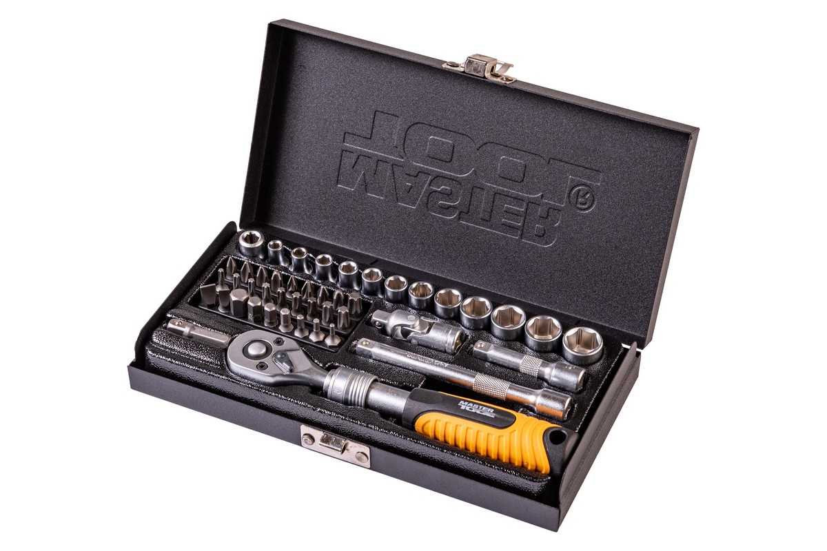 Набір інструментів MASTERTOOL PROFI ¼" 45 шт 4-13 мм телескопічна тріскачка CrV50BV30 металевий кейс 78-2045 view 1