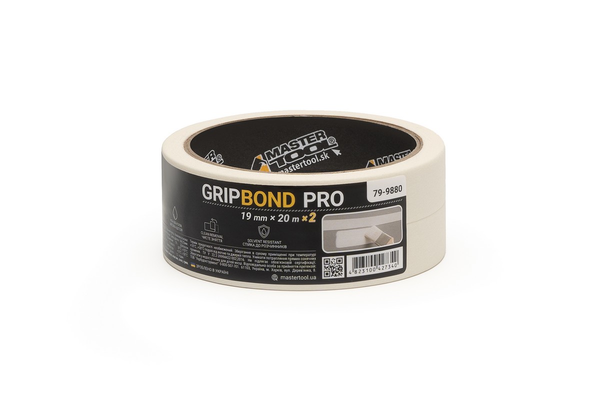 Стрічка малярна універсальна MASTERTOOL GripBond Pro 19 мм×20 м 2 шт біла 79-9880 view 1