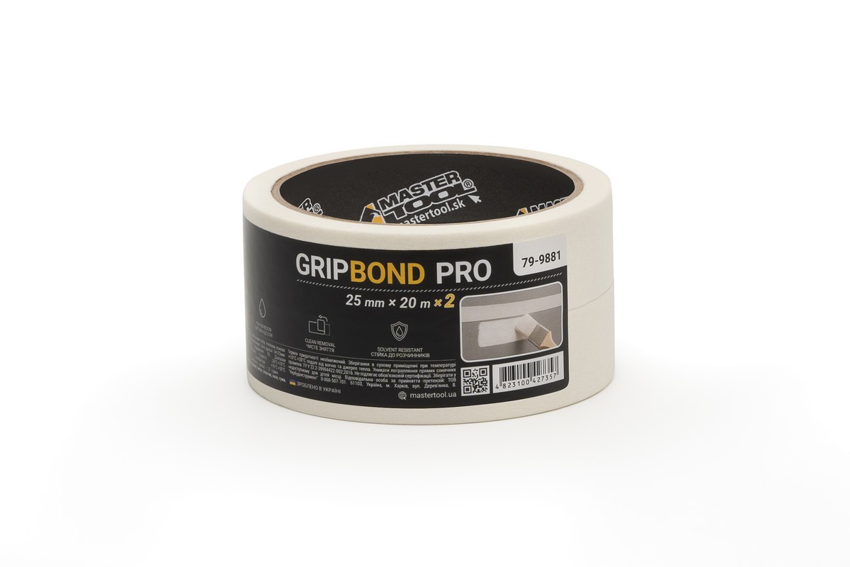 Стрічка малярна універсальна MASTERTOOL GripBond Pro 25 мм×20 м 2 шт біла 79-9881 view 1
