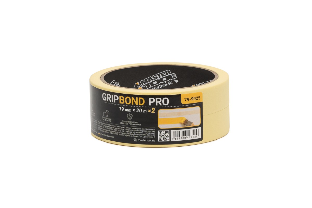 Стрічка малярна універсальна MASTERTOOL GripBond Pro 19 мм×20 м 2 шт жовта 79-9925 view 1